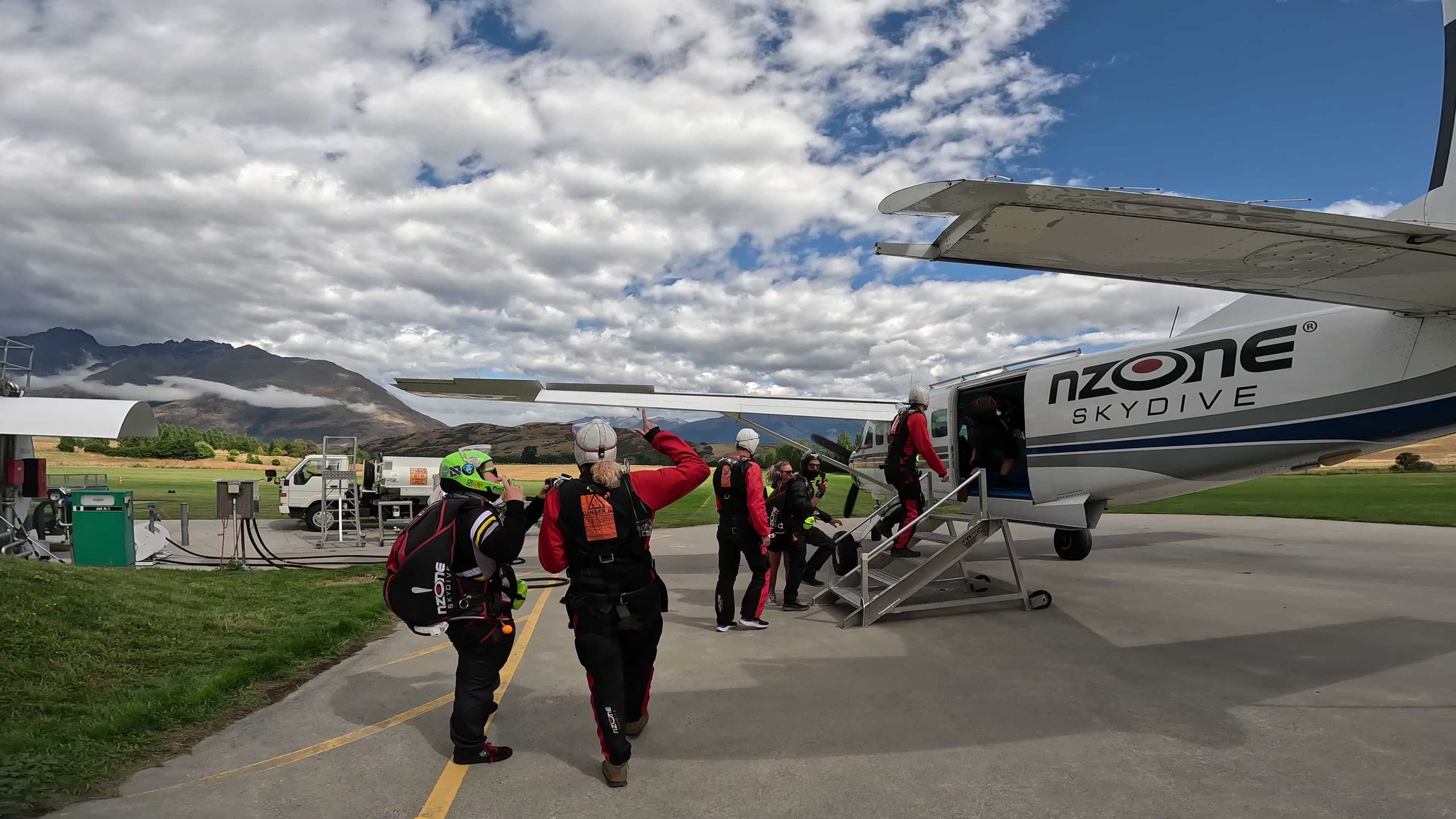 Boarding plane before skydiving in Queenstown, New Zealand