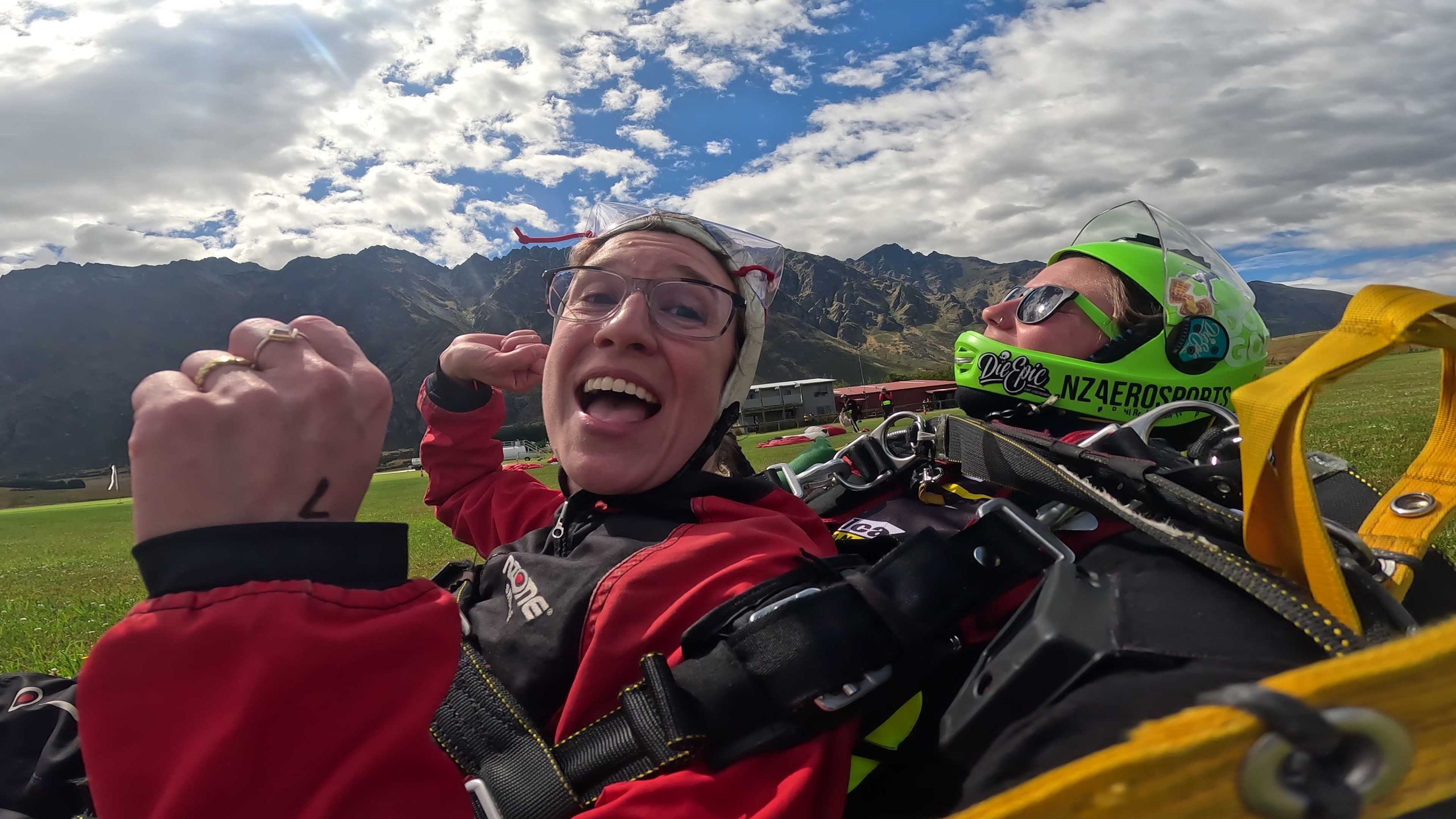 Landing after skydiving in Queenstown, New Zealand