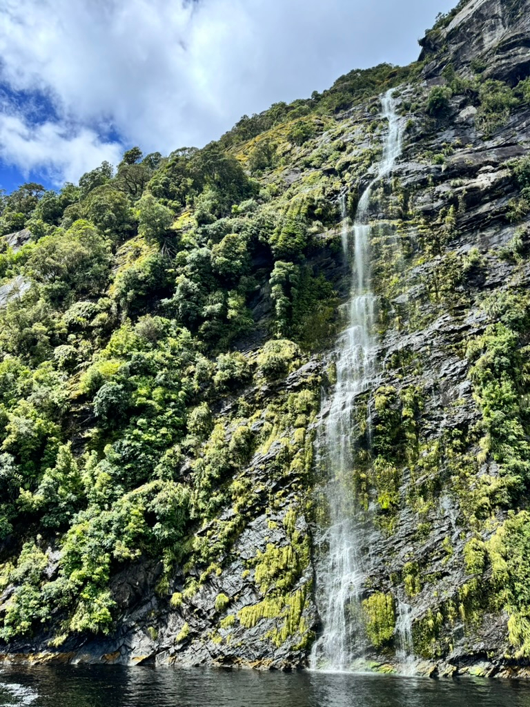 A cascading waterfall in Doubtful Sound, New Zealand