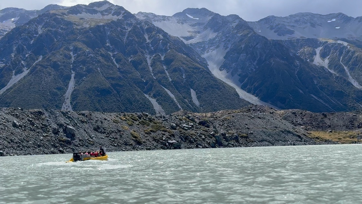 A boat on Tasman Lake in New Zealand