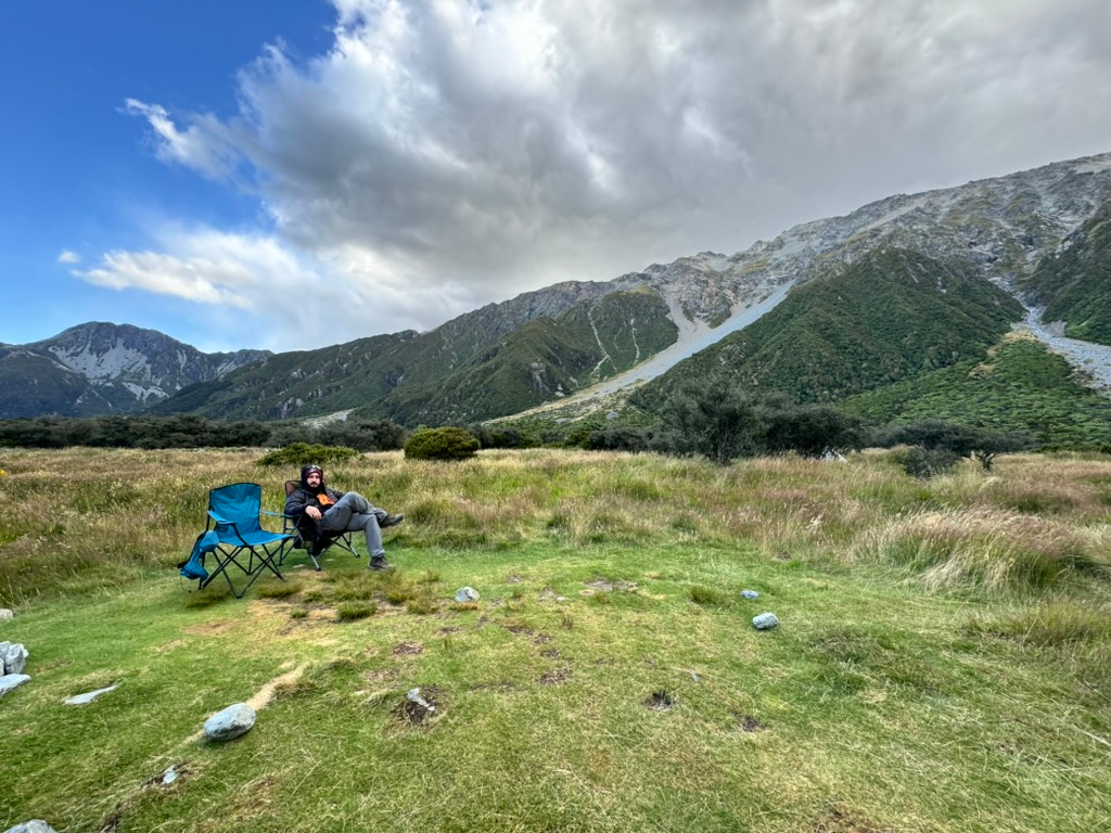 Posted up in camping chairs at White Horse Hill Campground in Aoraki / Mount Cook, New Zealand