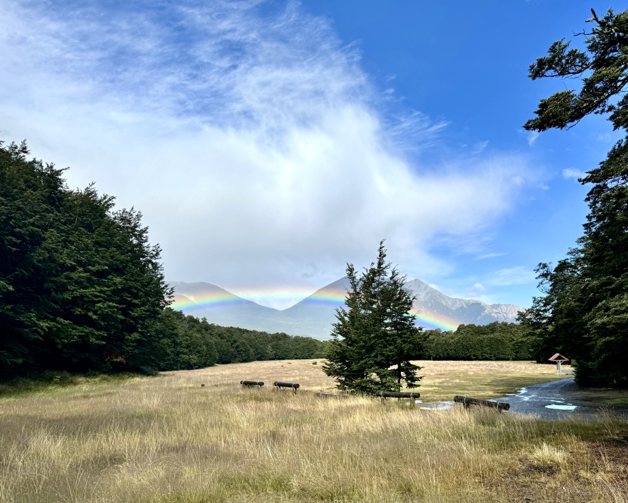 Low rainbow at Hawdon Shelter Campgrounds in New Zealand