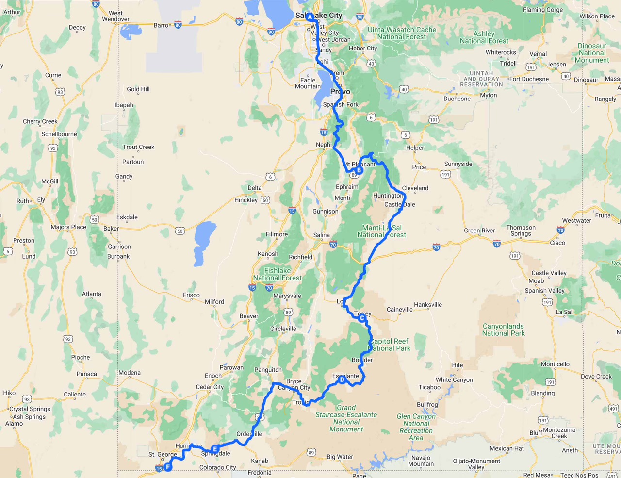 Map of scenic route through Utah, USA