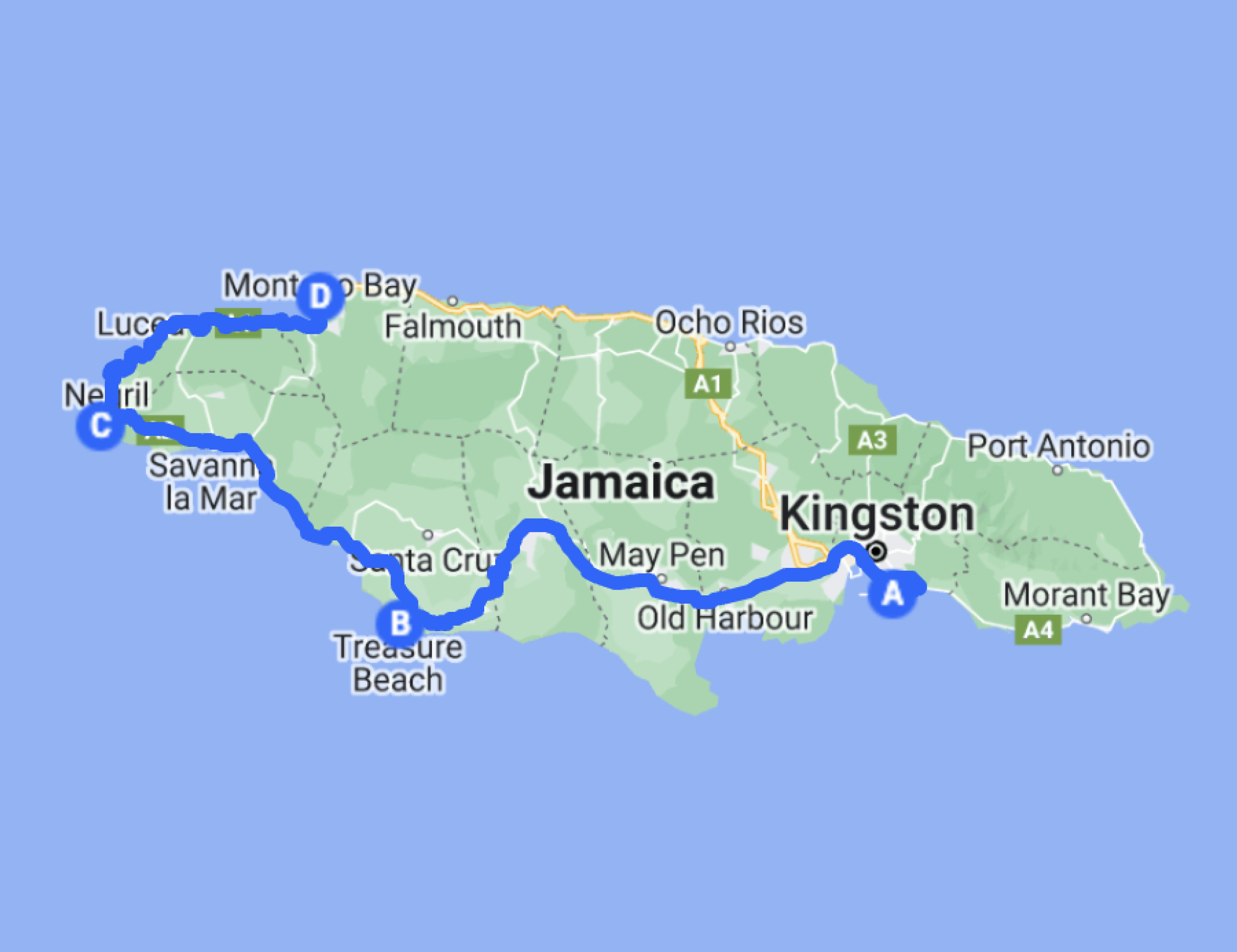 A map showing a road trip route starting in Kingston, Jamaica, stopping in Treasure Beach and Negril, and ending in Montego Bay