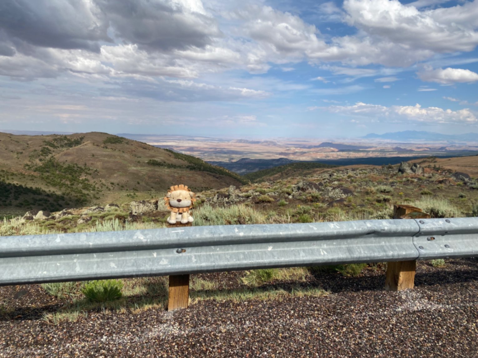 Lion stuffed animal in front of scenery between Mt Pleasant and Torrey, Utah, USA