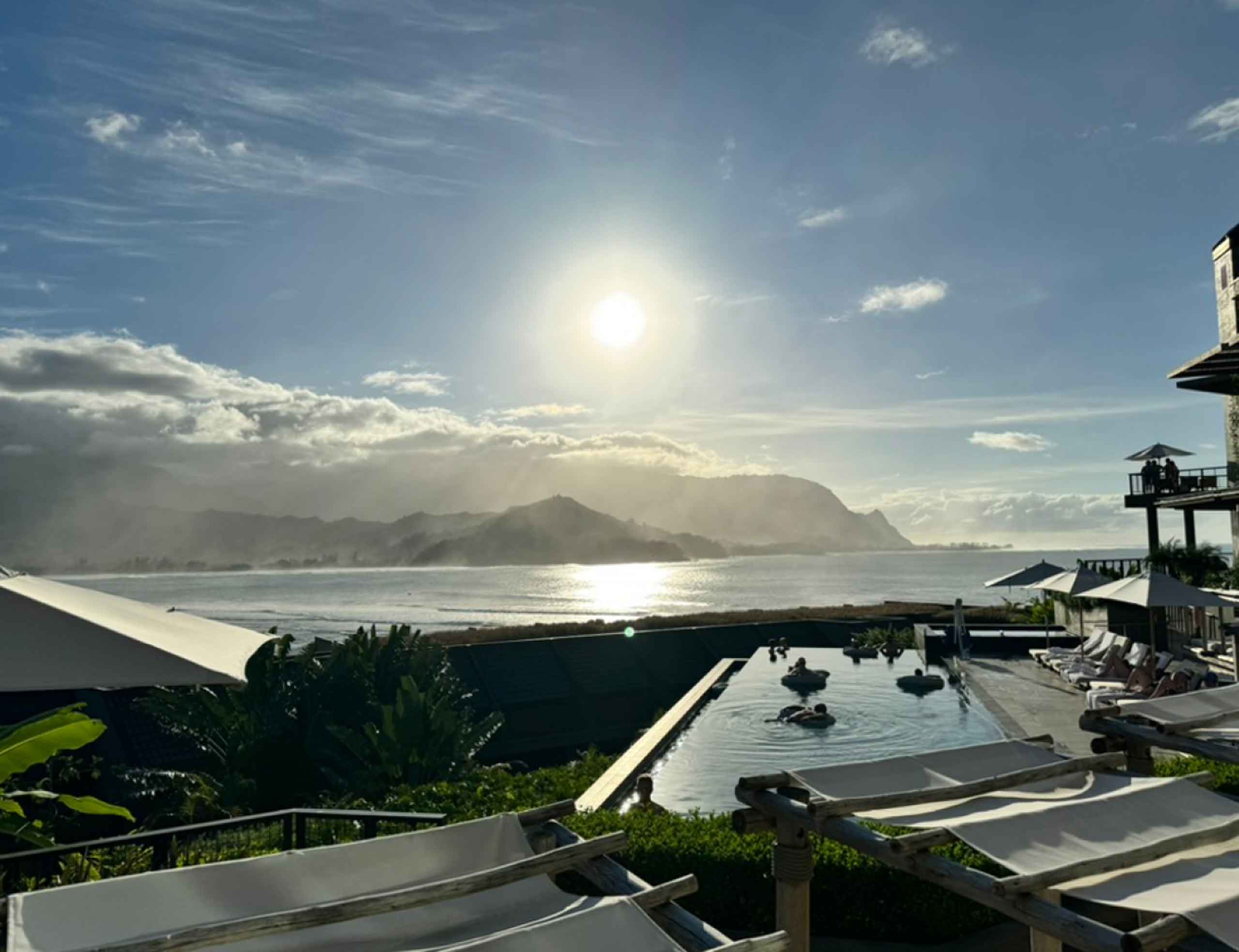 Ocean and mountain view from the adult pool at 1 Hotel Hanalei Bay in Kauai, Hawaii, USA